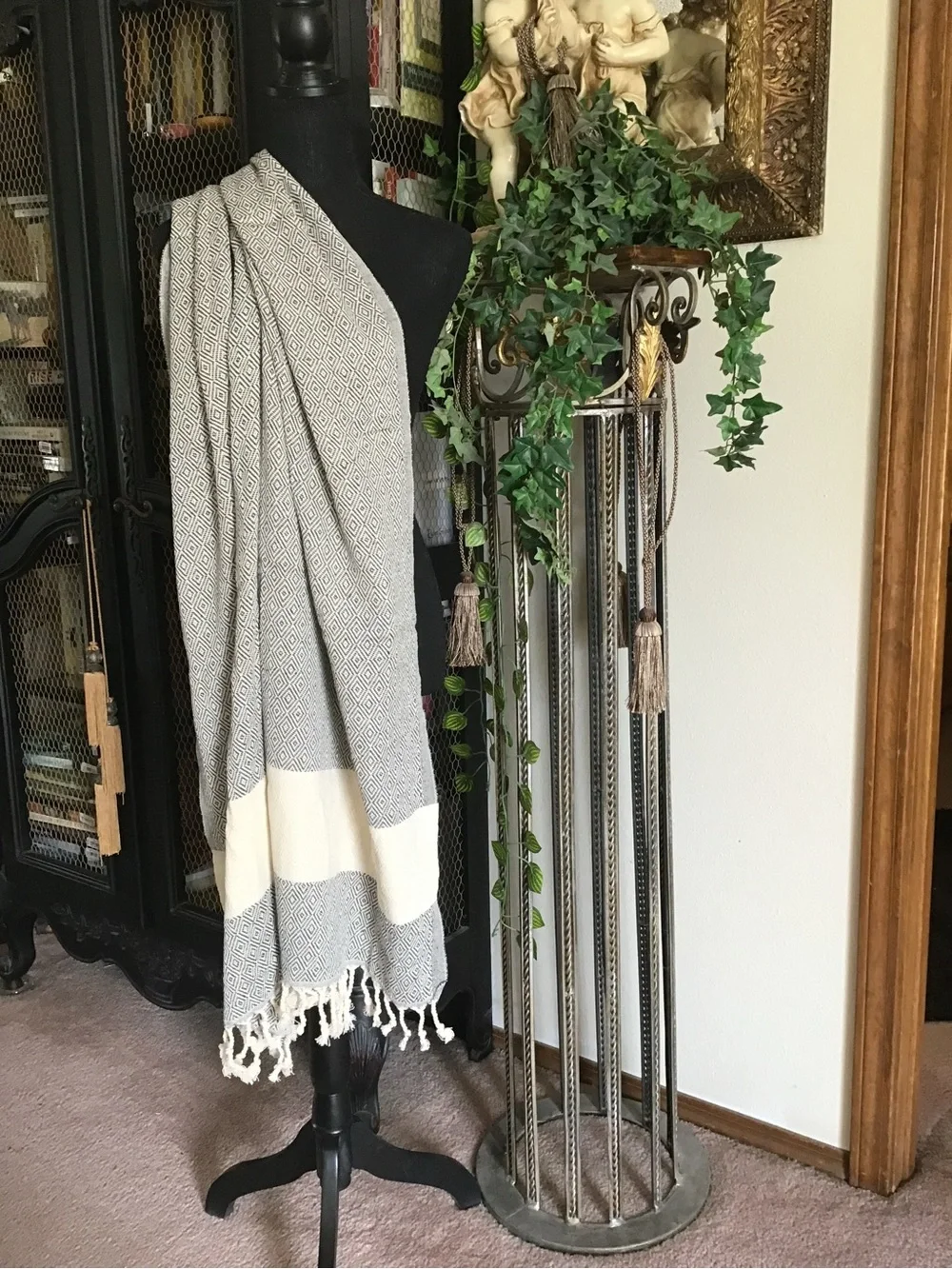 Cream and Black Geometric Fringe Towel